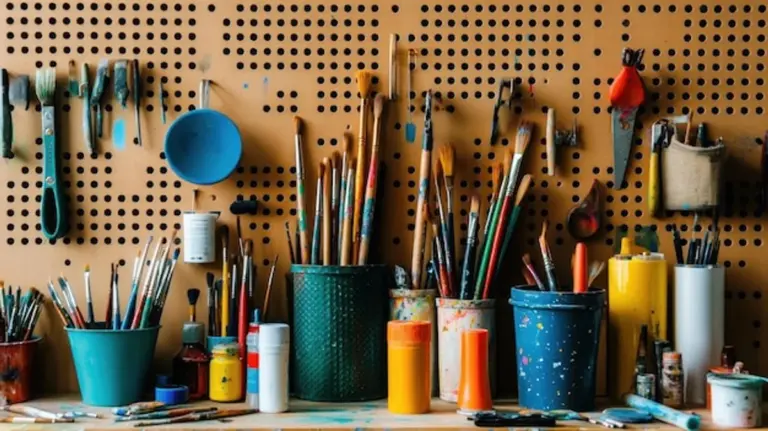 kitchen converted into art studio with DIY painting materials