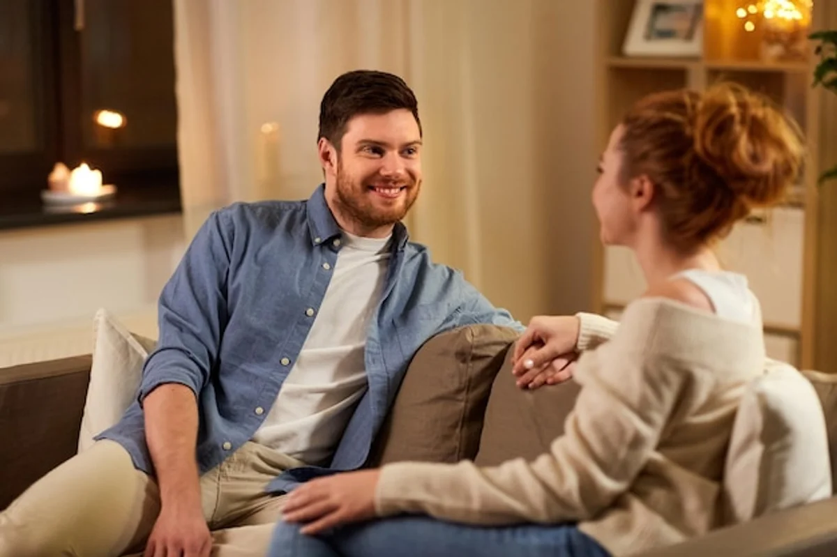happy couple communicating at home