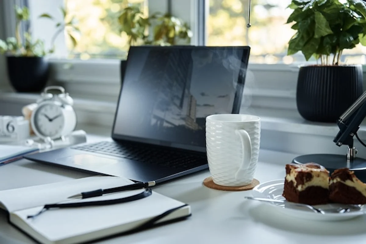 hot laptop on desk minimalist home office