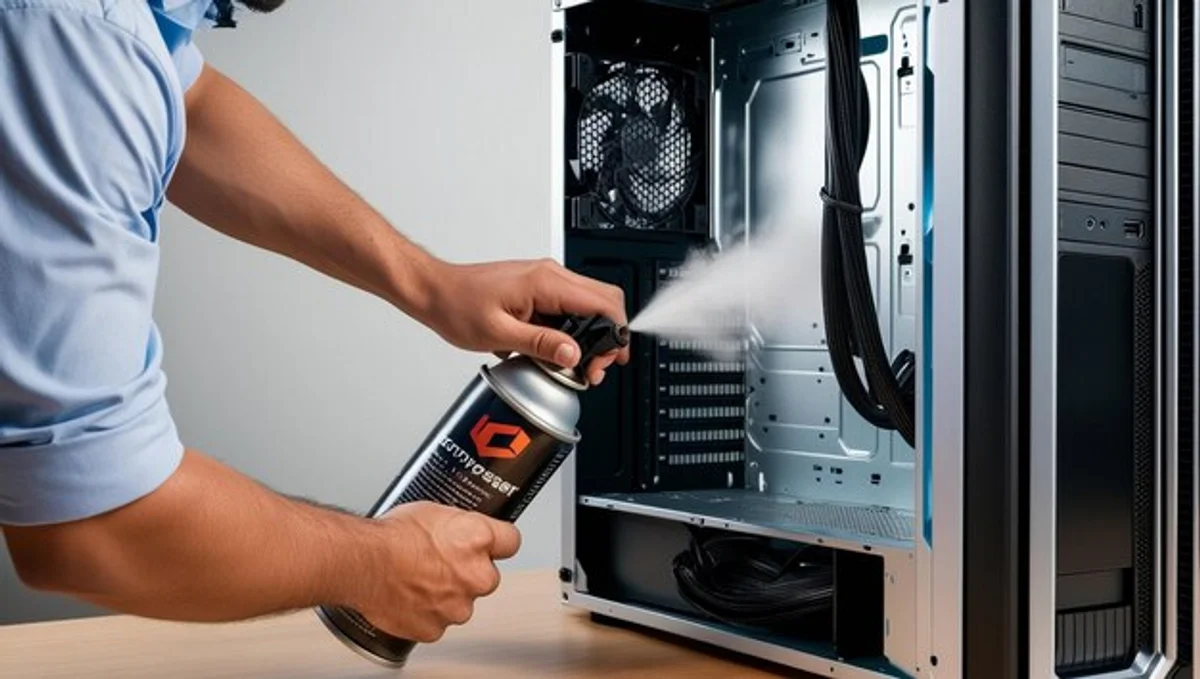 person cleaning laptop fan with compressed air home