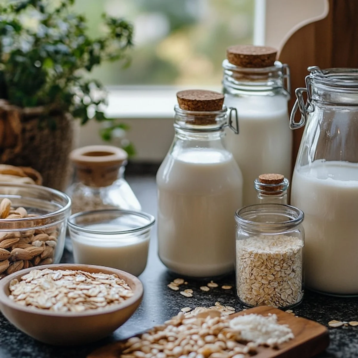 plant based milk alternatives in glass bottles kitchen