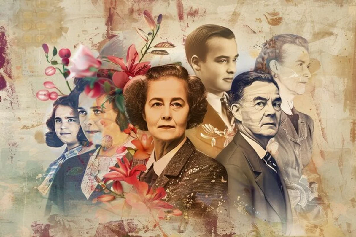 vintage family making photo collage together