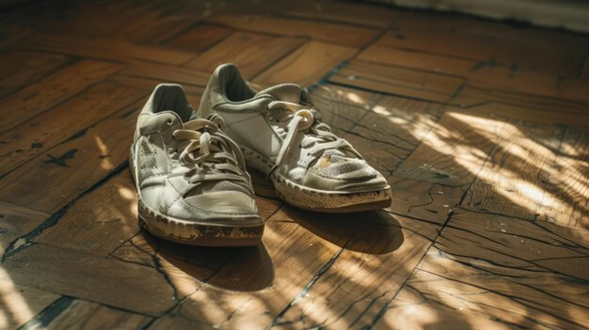 worn out sneakers workout home floor