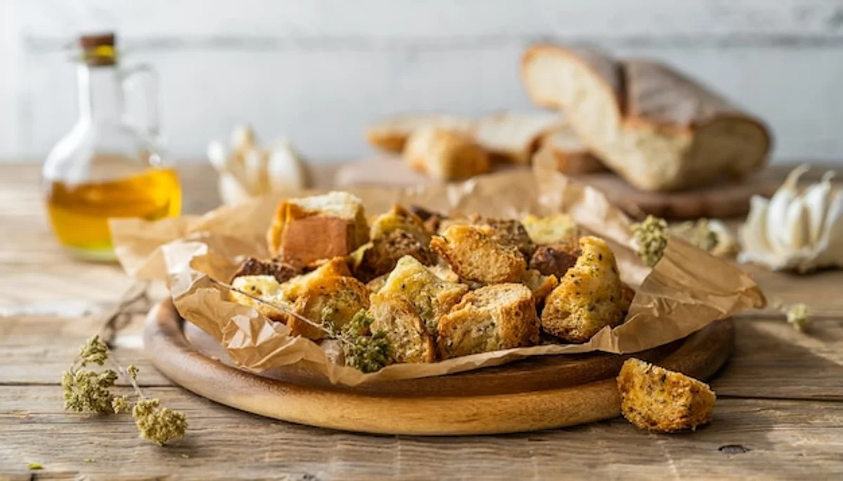 close up homemade crunchy bread croutons rustic kitchen