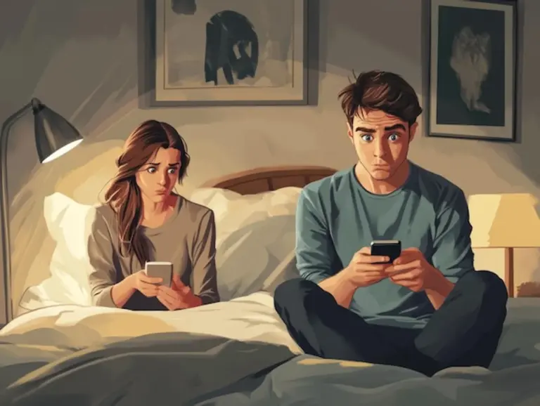 smartphone in bed couple distance night