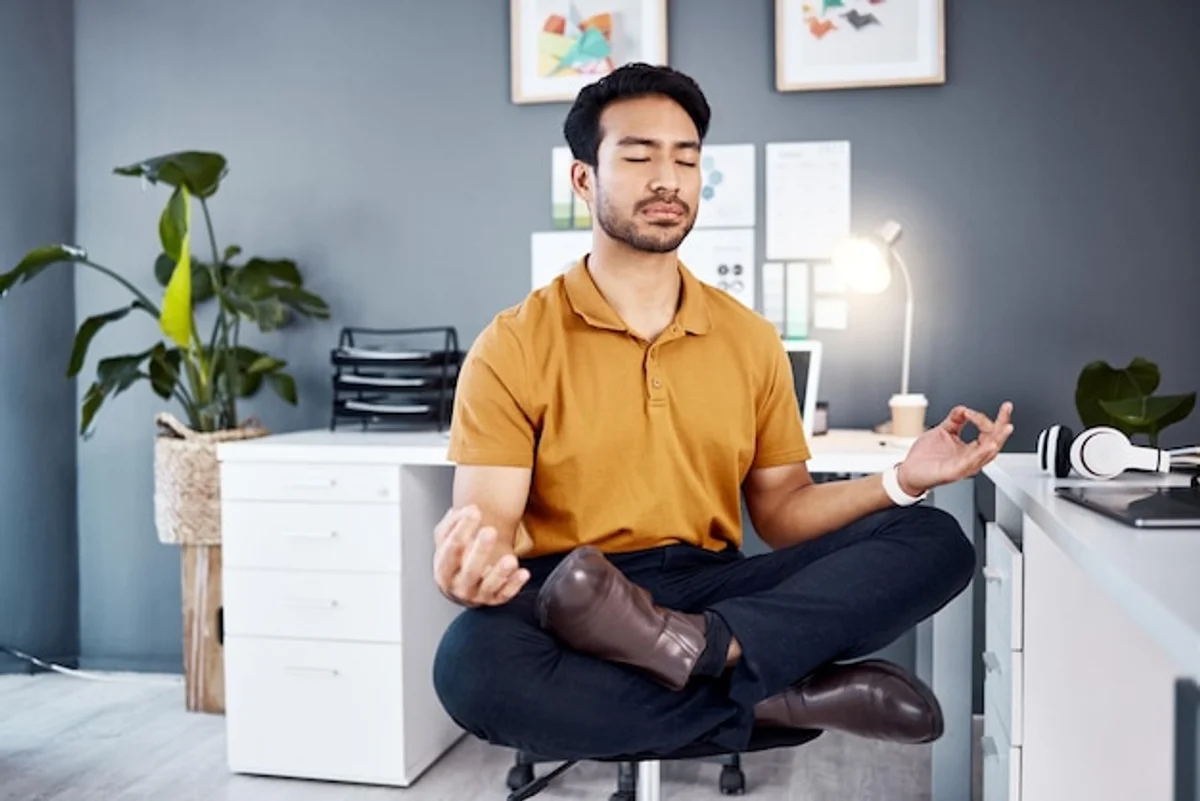 relaxed breathing office meditation short break