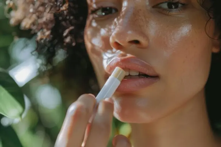woman applying honey on lips in winter