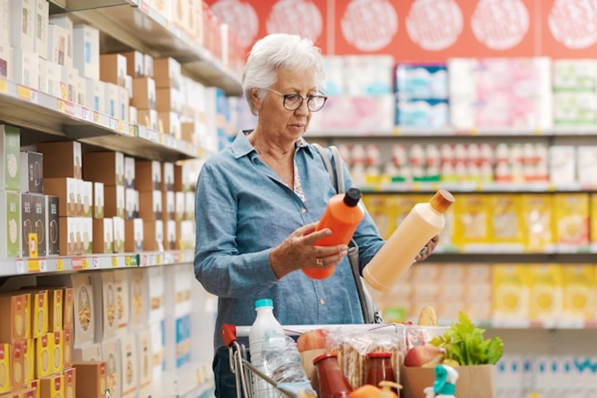 senior woman comparing prices groceries supermarket
