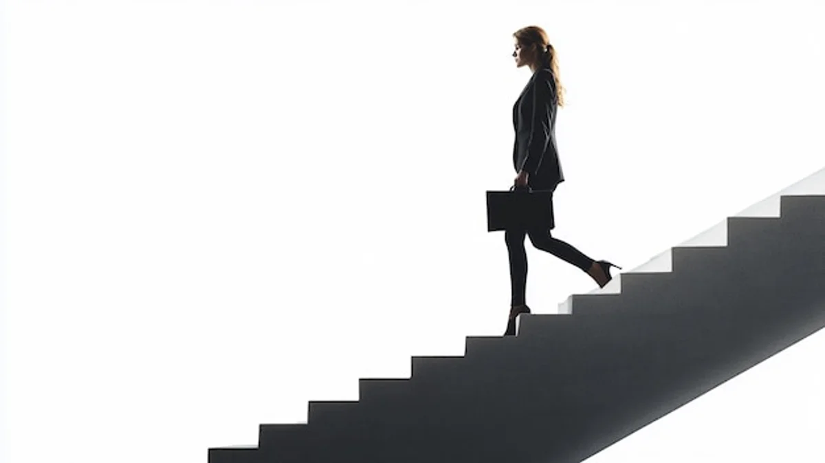 woman climbing stairs business attire healthy lifestyle