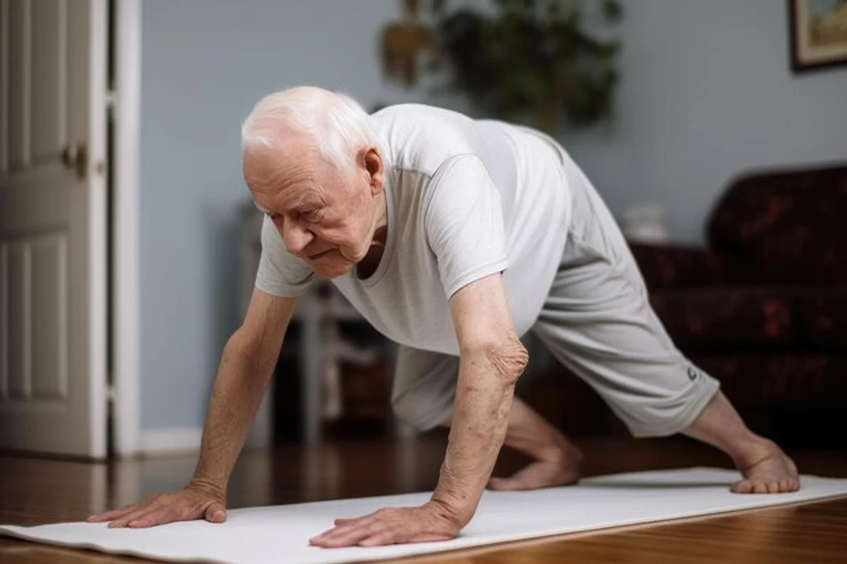 older people doing gentle exercise together indoors