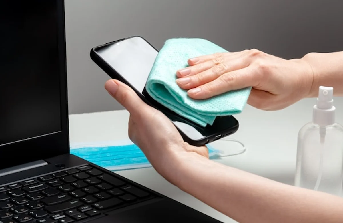 woman cleaning tablet screen with microfiber cloth home office
