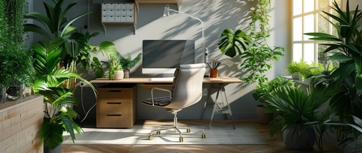 modern feng shui office workspace with plants and sunlight