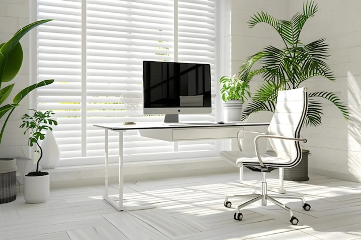 feng shui office desk with lucky bamboo and minimal decor