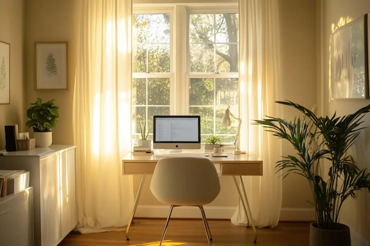 cozy home office motivation minimalist desk workspace morning light