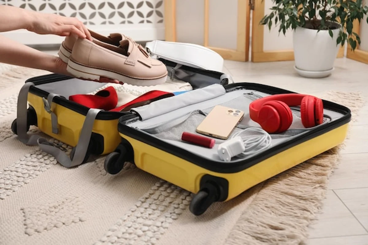 closeup woman rolling clothes suitcase packing travel