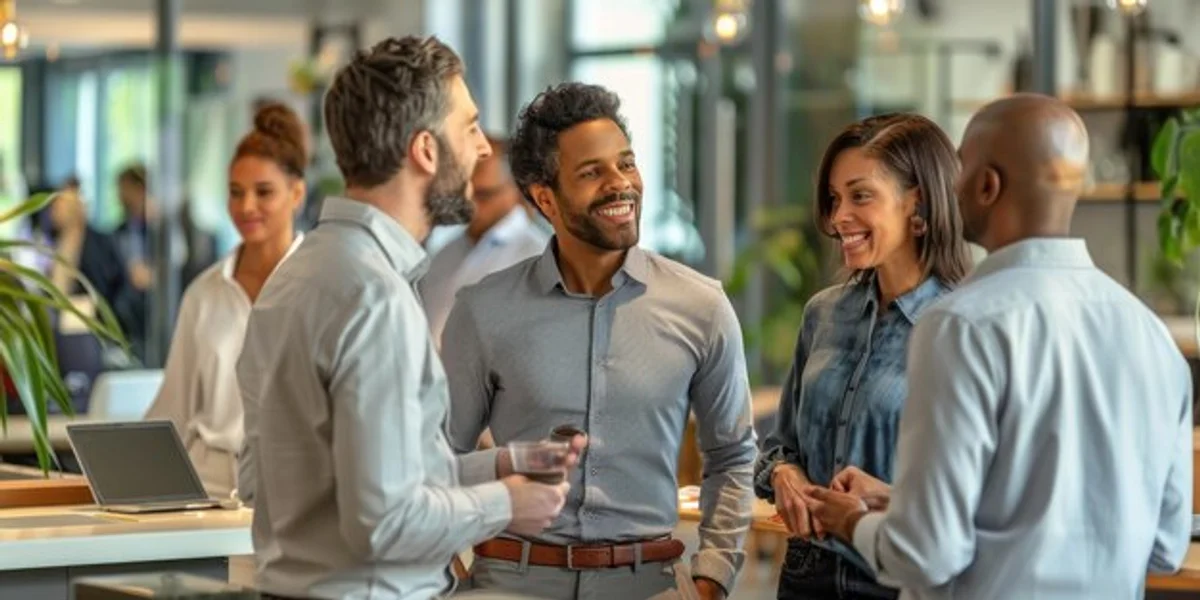 calm discussion between colleagues in office