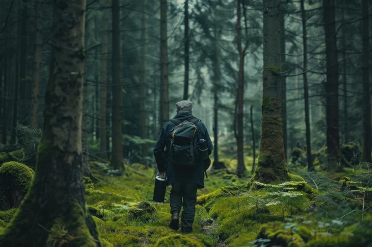 elderly hiker light backpack Bavarian landscape