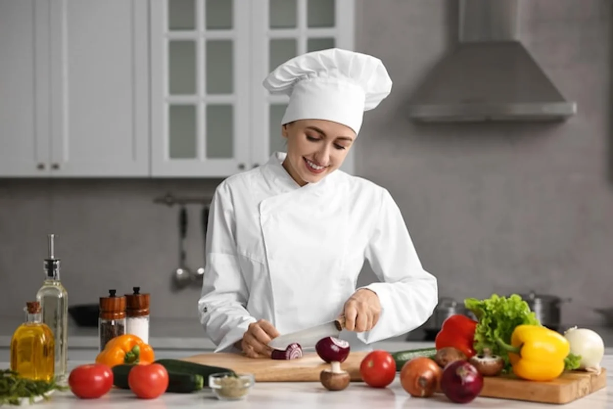 woman smiling while cutting onions at kitchen table
