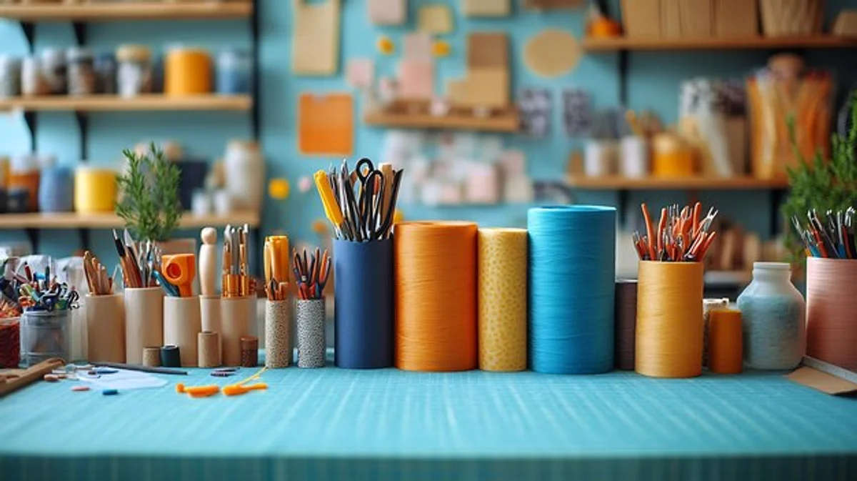 creative crafting table with tools and homemade crafts