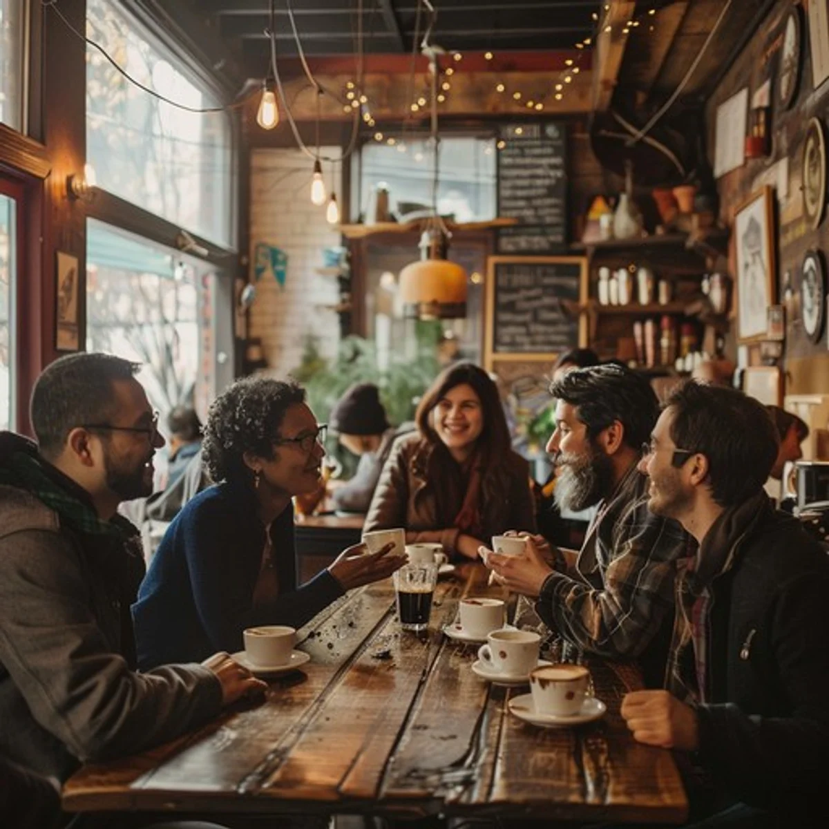 friends listening attentively in cozy cafe, candid moment, warm light