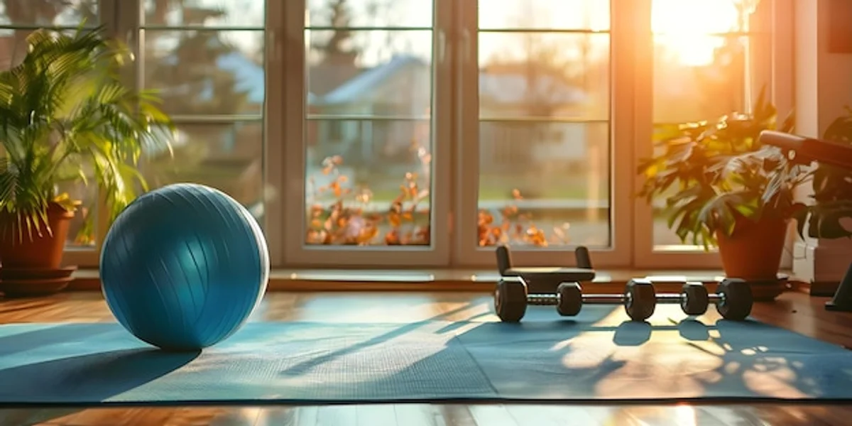 sunny home gym interior with plants