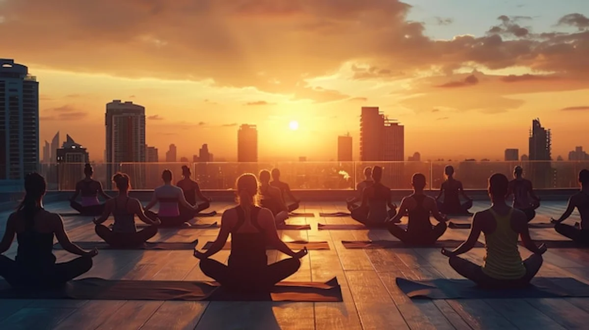 urban yoga class sunset rooftop