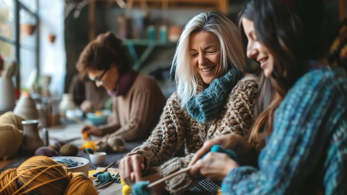group of seniors knitting together in cozy living room