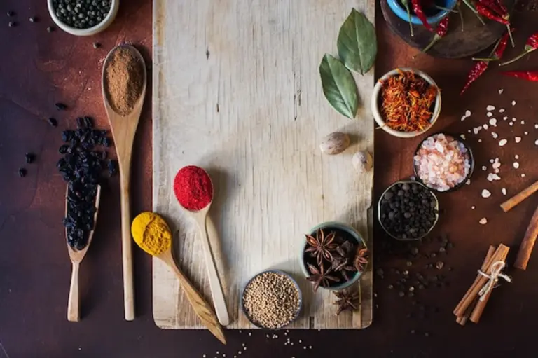 colorful herbs and spices healthy cooking top view