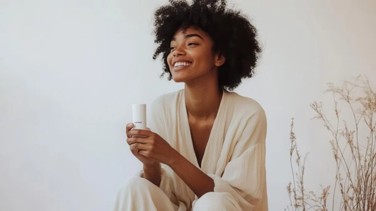 simple skincare routine mature woman bathroom soft light
