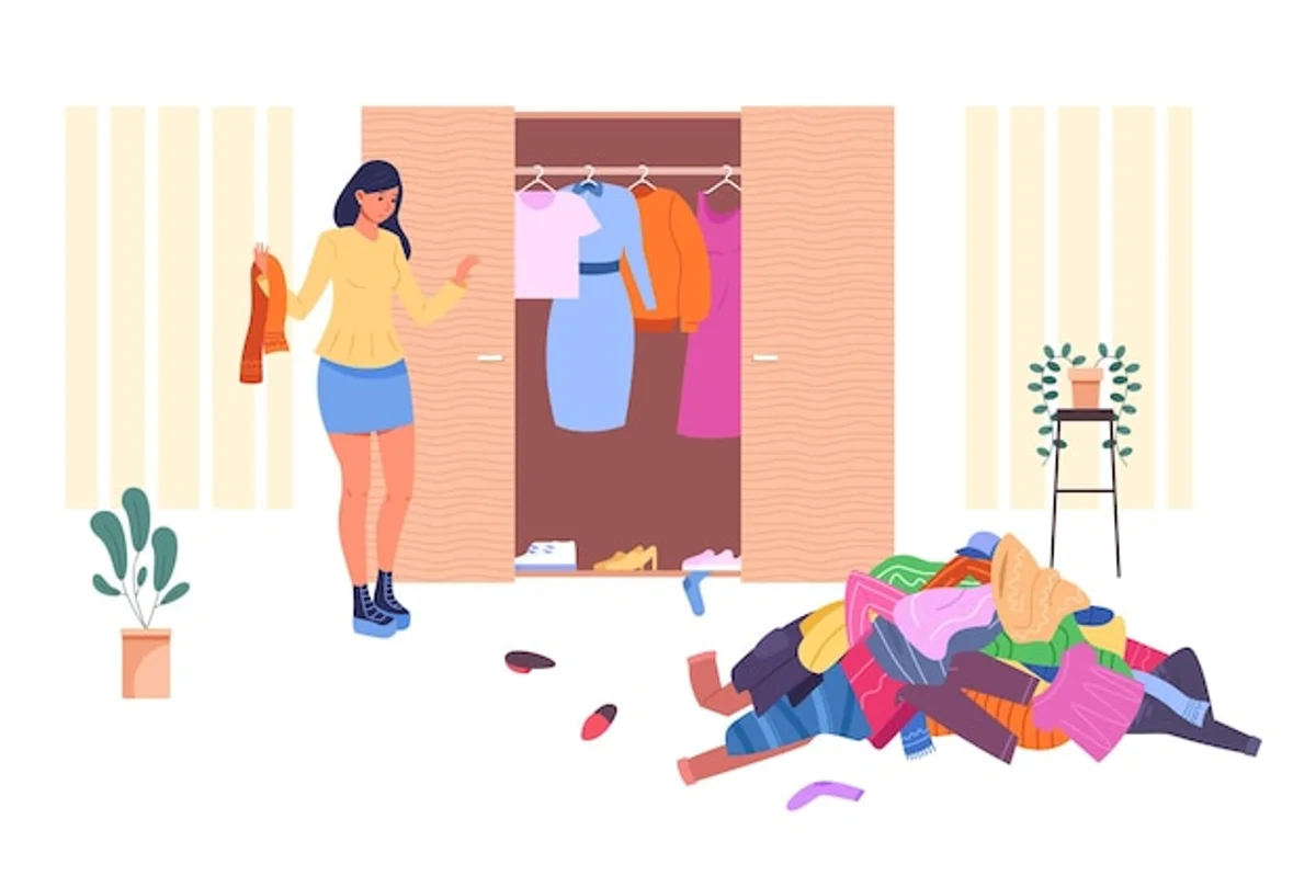 elderly woman organizing closet with checklist