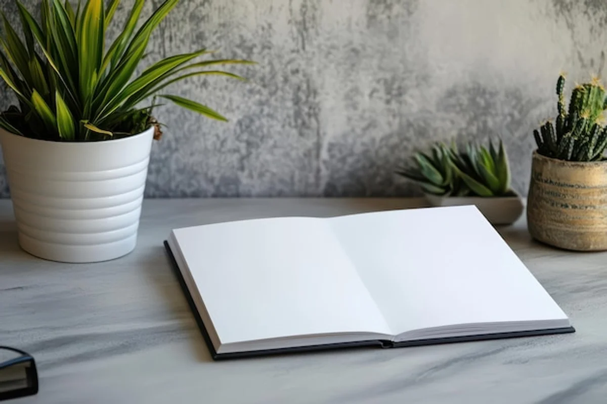 clean office with plants and open notebook