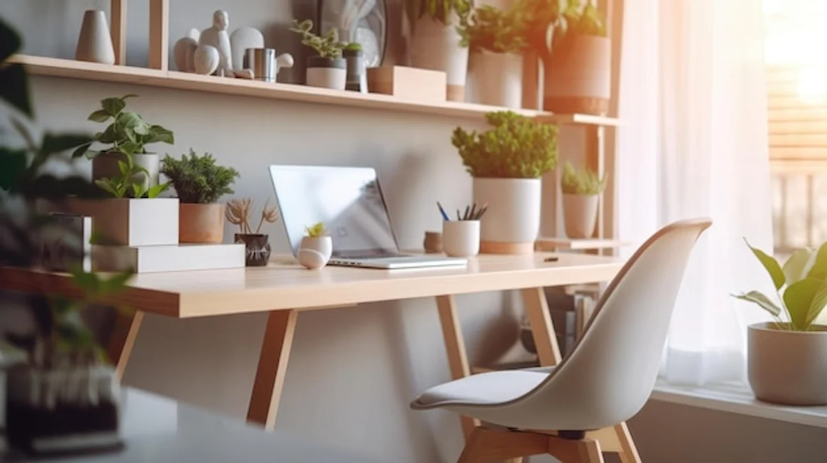 modern feng shui office desk with plants and sunlight