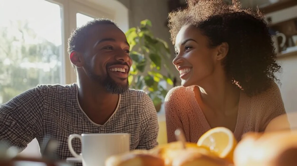 morning couple breakfast laugh cozy kitchen sunlight