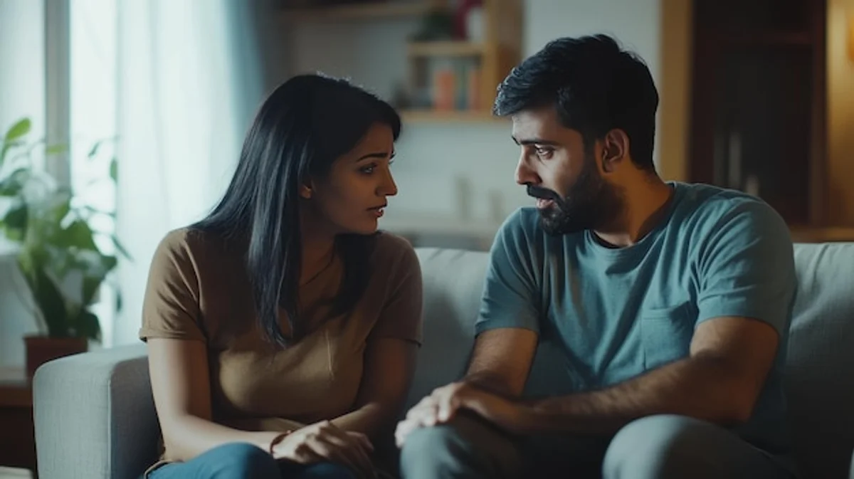 couple deep conversation evening home