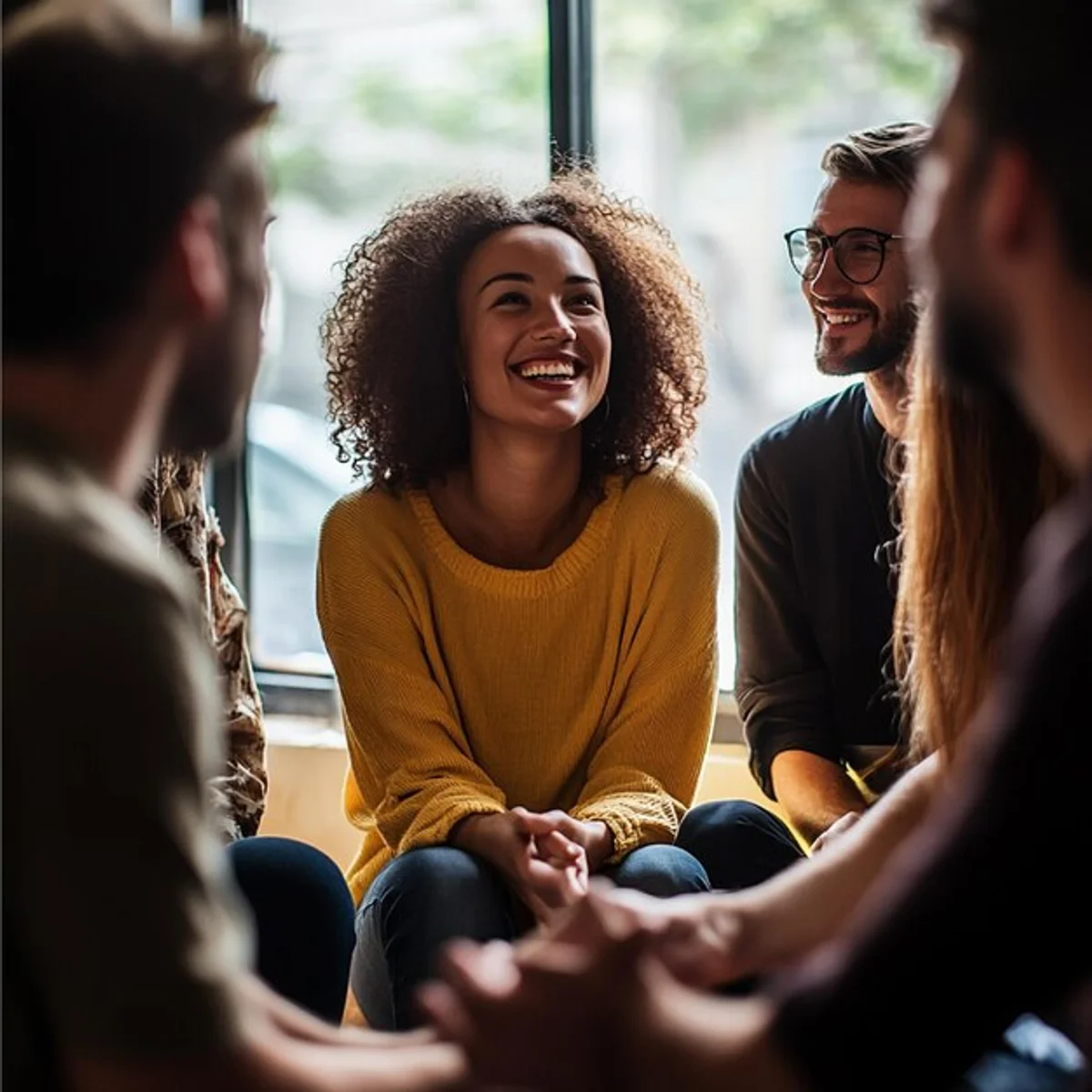 friends resolving conflict with humor, smiling faces