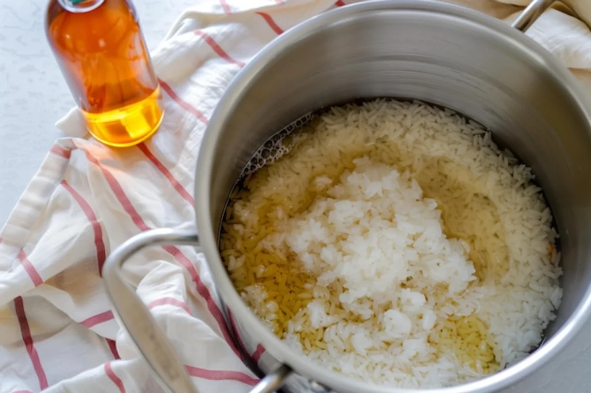 steaming rice with vinegar in a saucepan