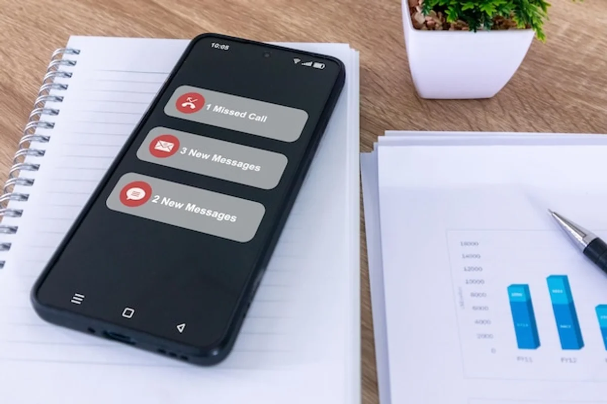 busy office desk with smartphone and social media notifications