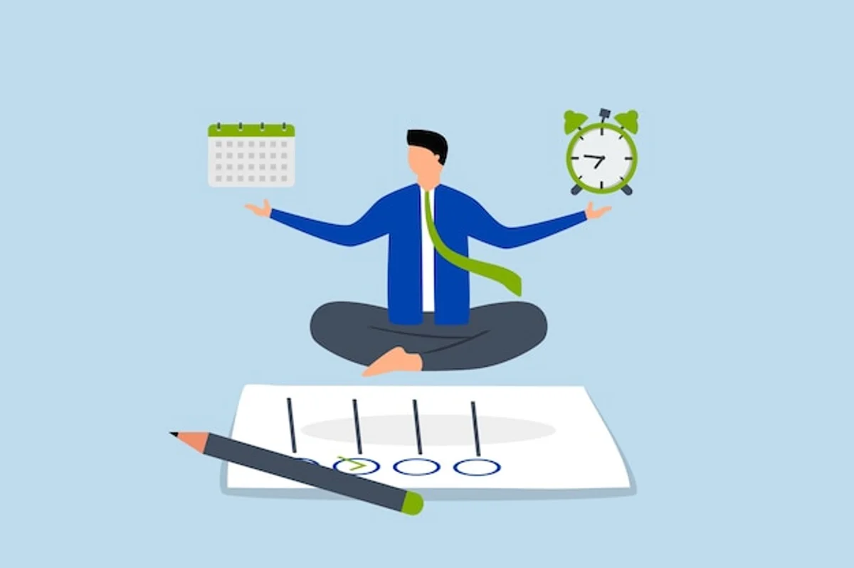peaceful workspace with time blocks and planner