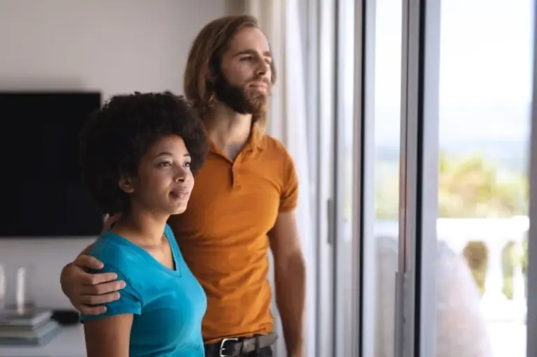 mindful couple talking at home