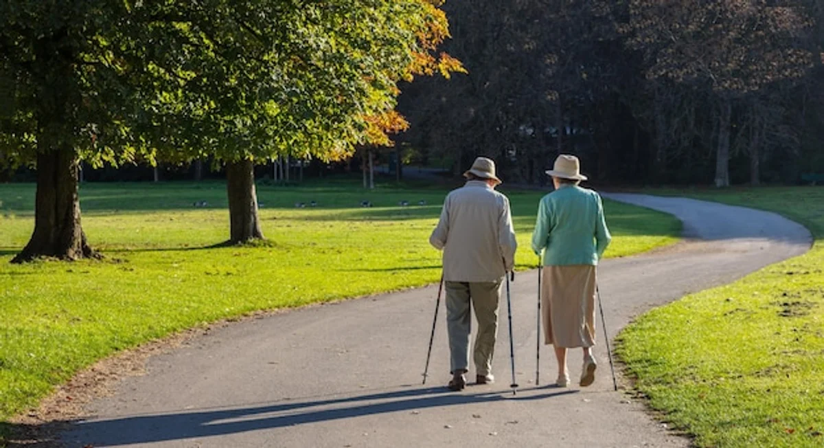 German senior couple walking in city park autumn