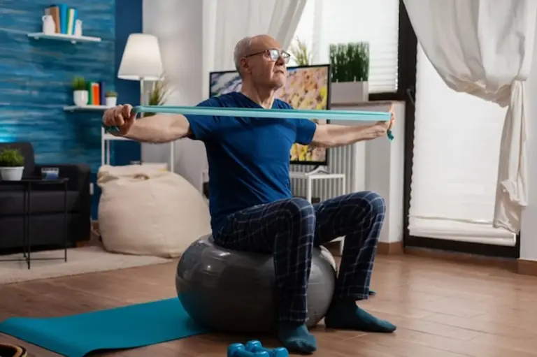 home fitness muscle training mature man living room