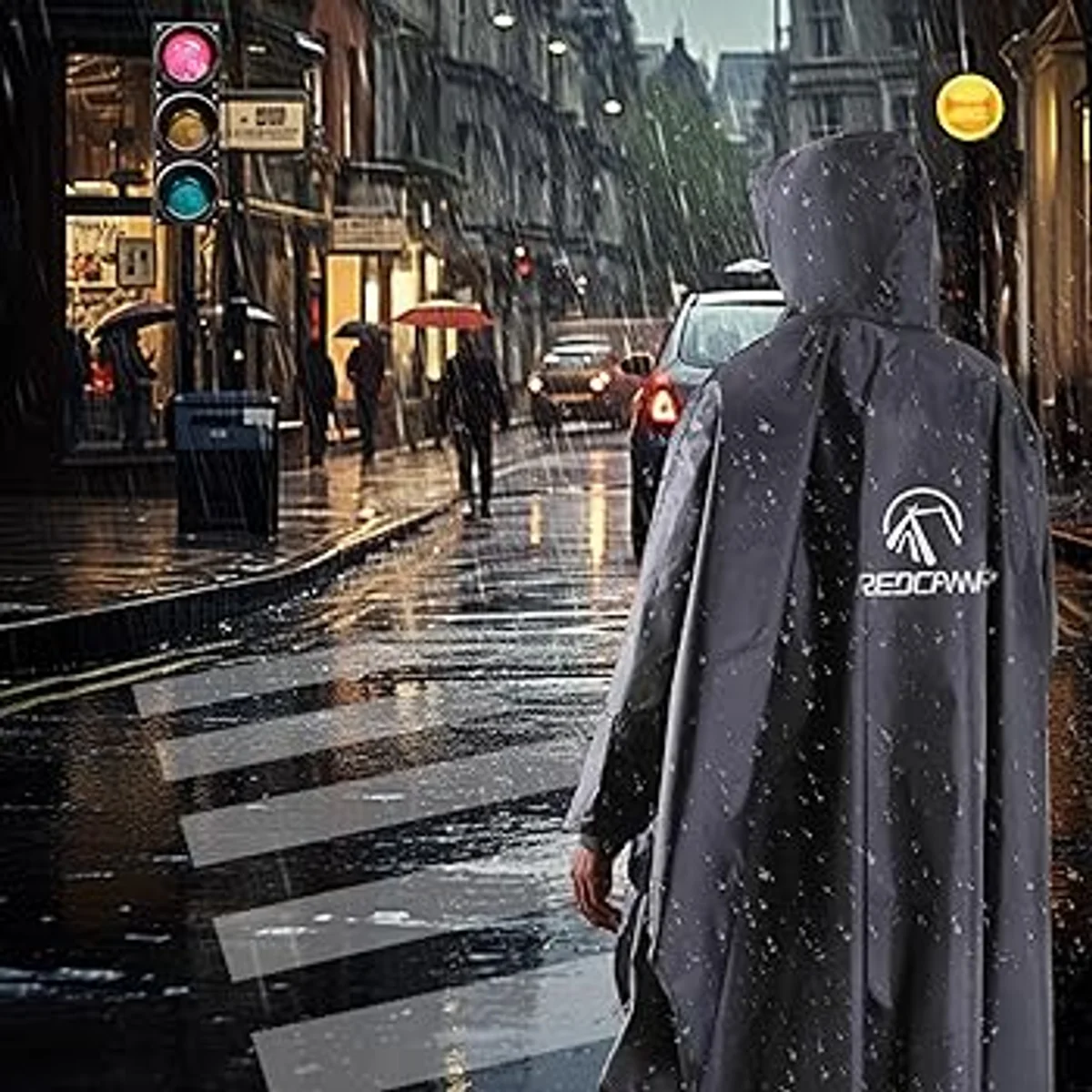 person using travel poncho storm Germany city