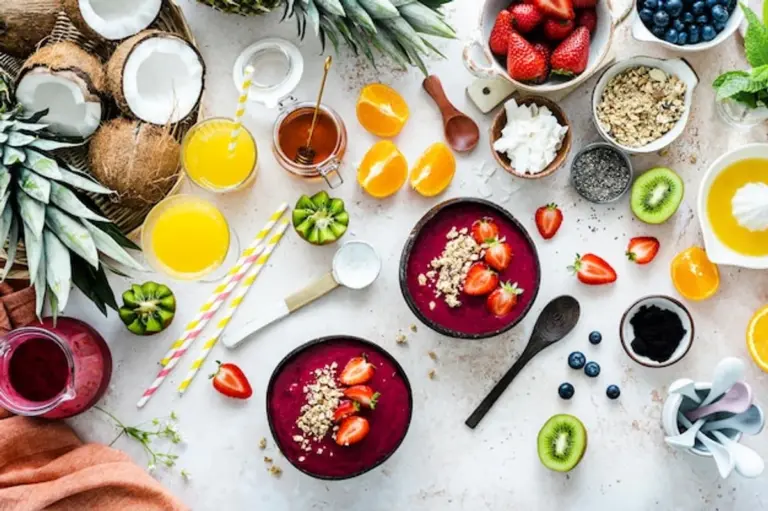 colorful healthy bowl lunch flatlay