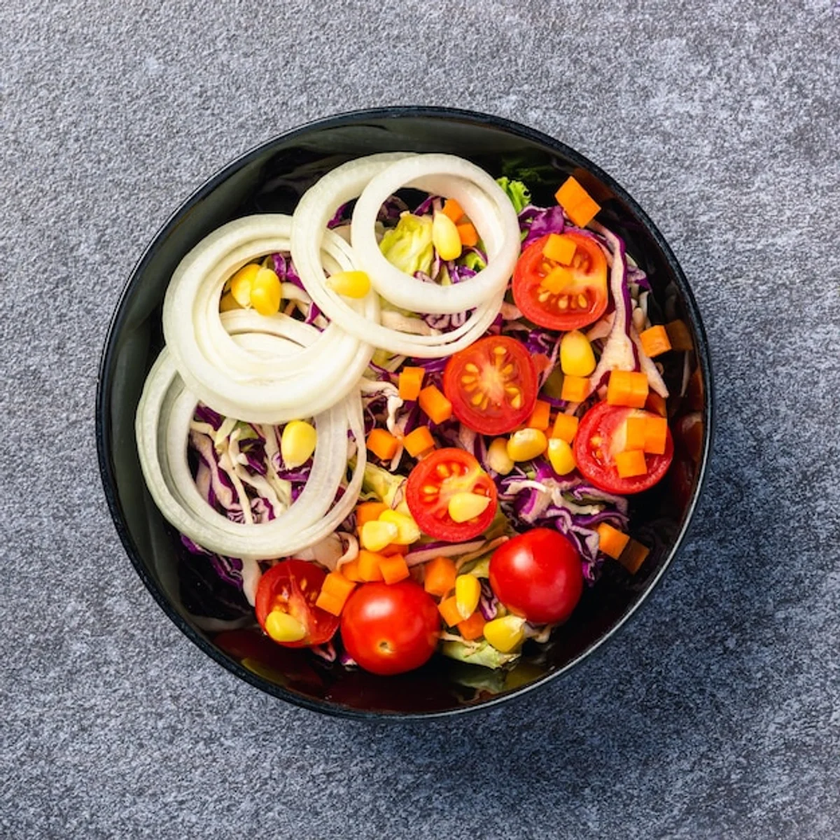 healthy colorful lunch bowl overhead view