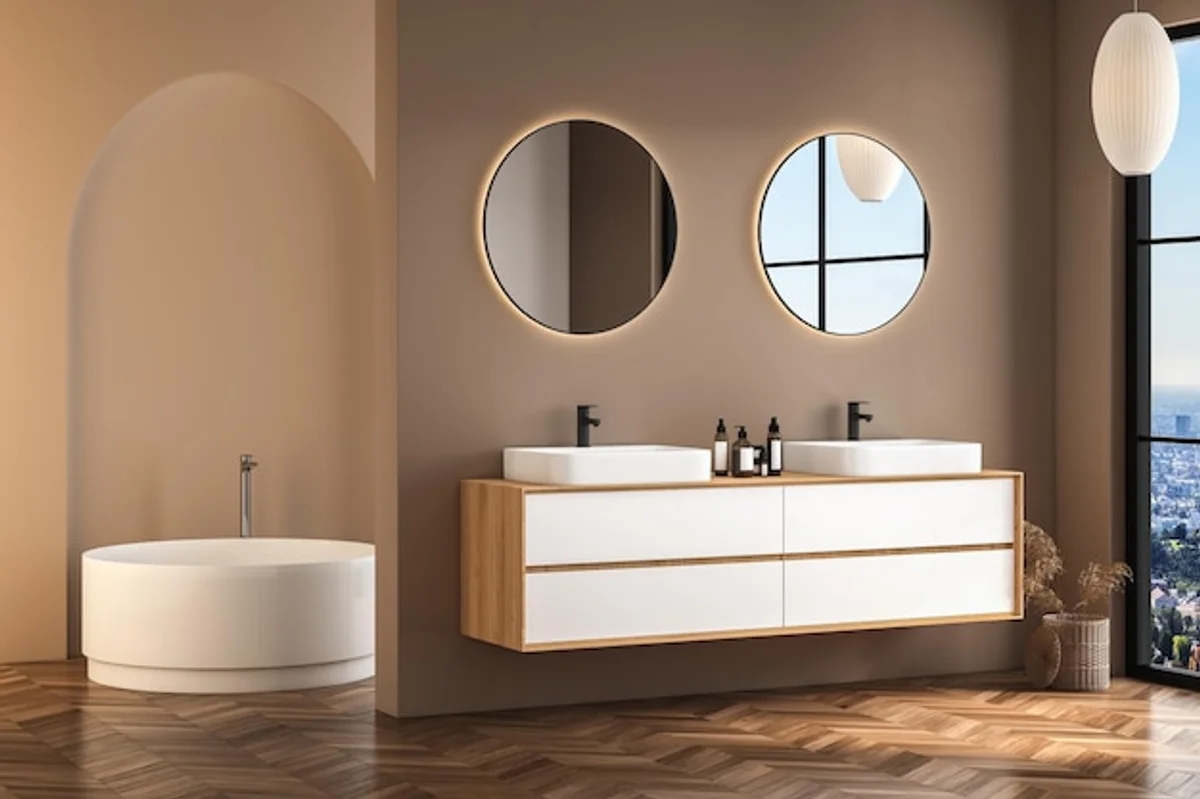 minimalist bathroom storage closed cabinets Germany