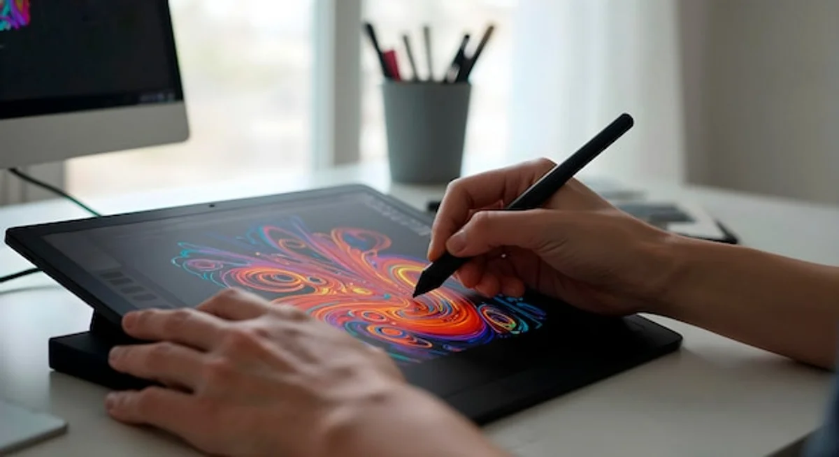 German artist creating digital painting on tablet