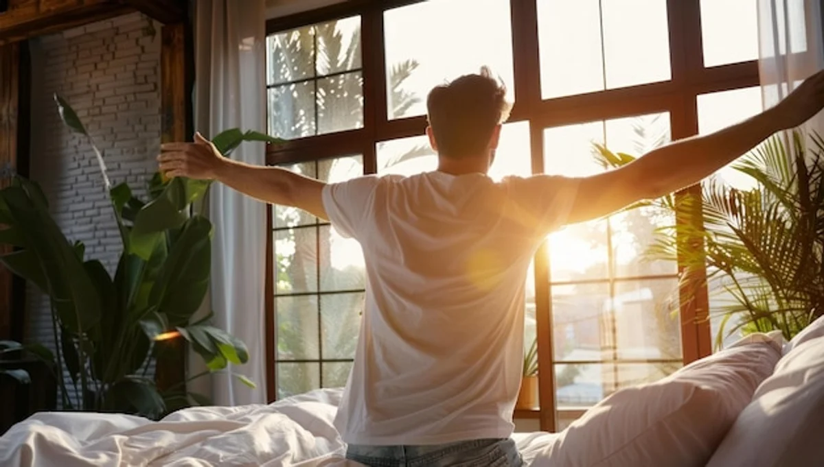 man stretching arms in morning kitchen window light