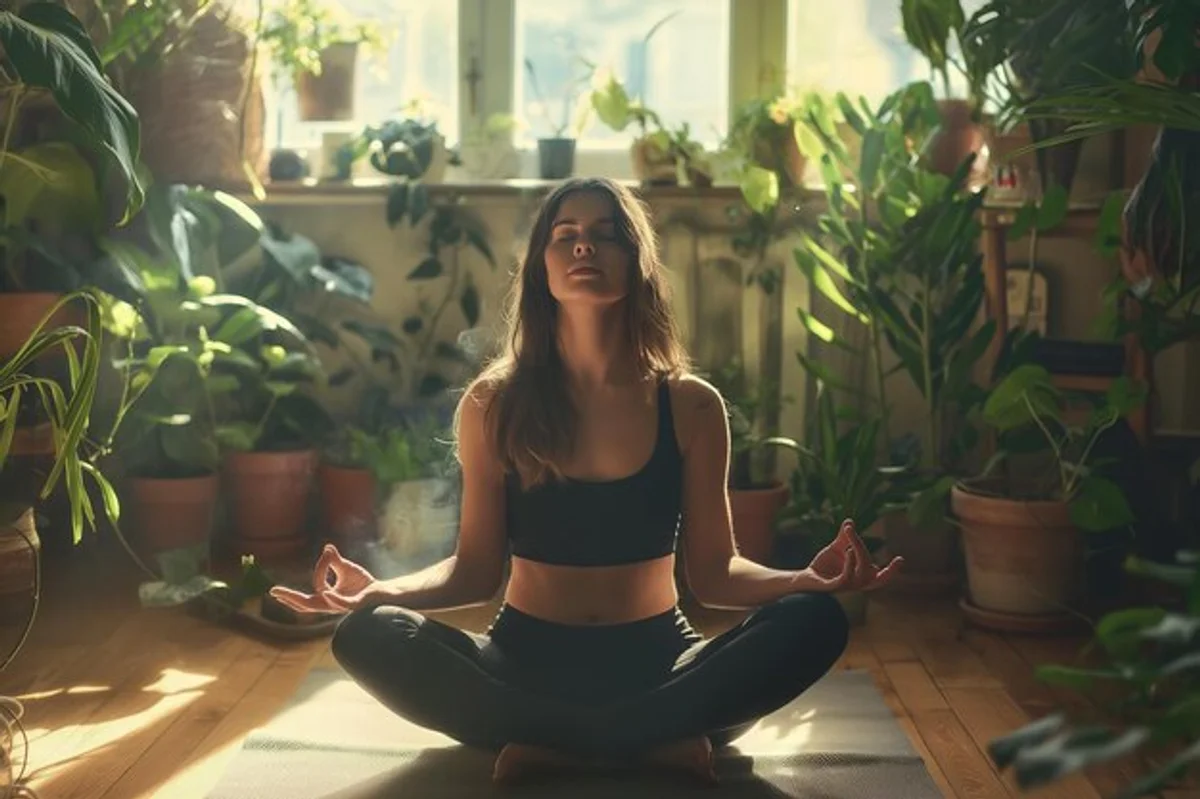 woman doing yoga at home with plants and sunlight
