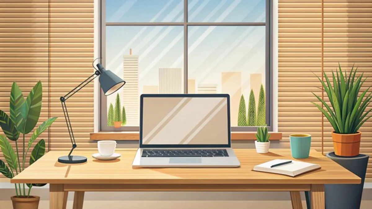 office desk with plants near window sunlight feng shui workspace