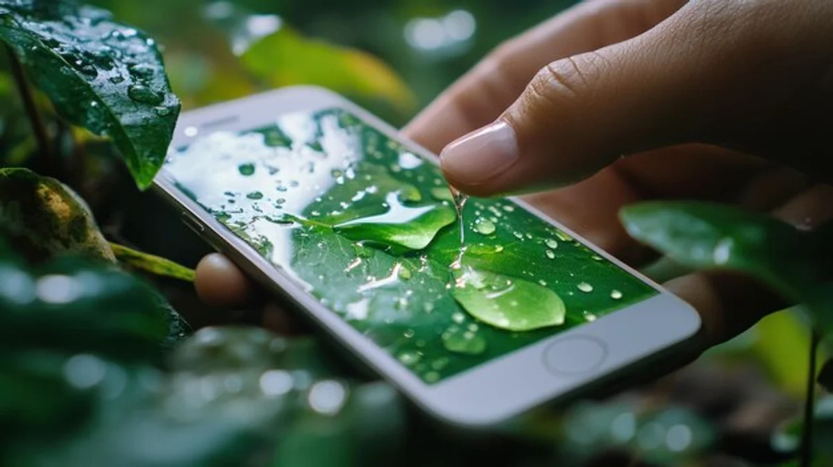 water droplets on smartphone screen outdoors